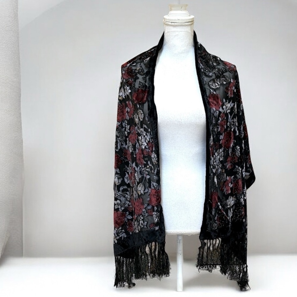 Vintage Y2K Black Velvet Burnout 100% Silk Red Silver Floral Fringe Wrap Scarf